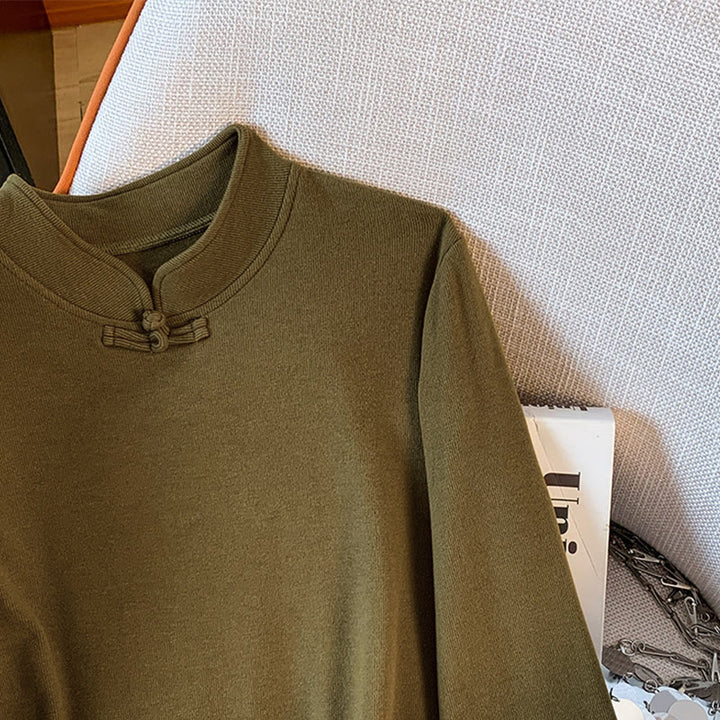 Buddha Stones春の無地スタンドカラーフロッグボタンデザインレディースコットン長袖シャツ - image 18