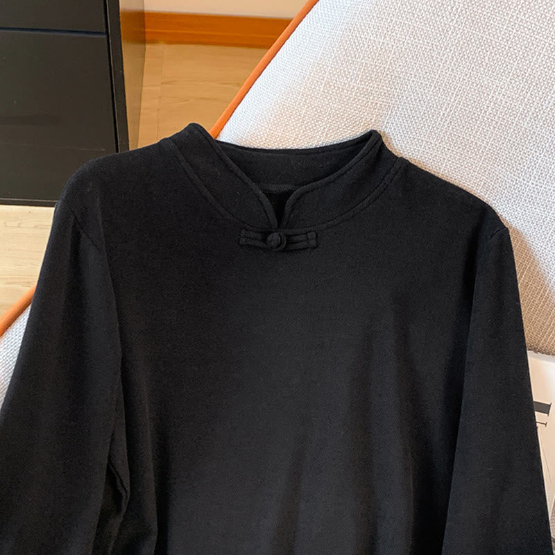 Buddha Stones春の無地スタンドカラーフロッグボタンデザインレディースコットン長袖シャツ - image 28