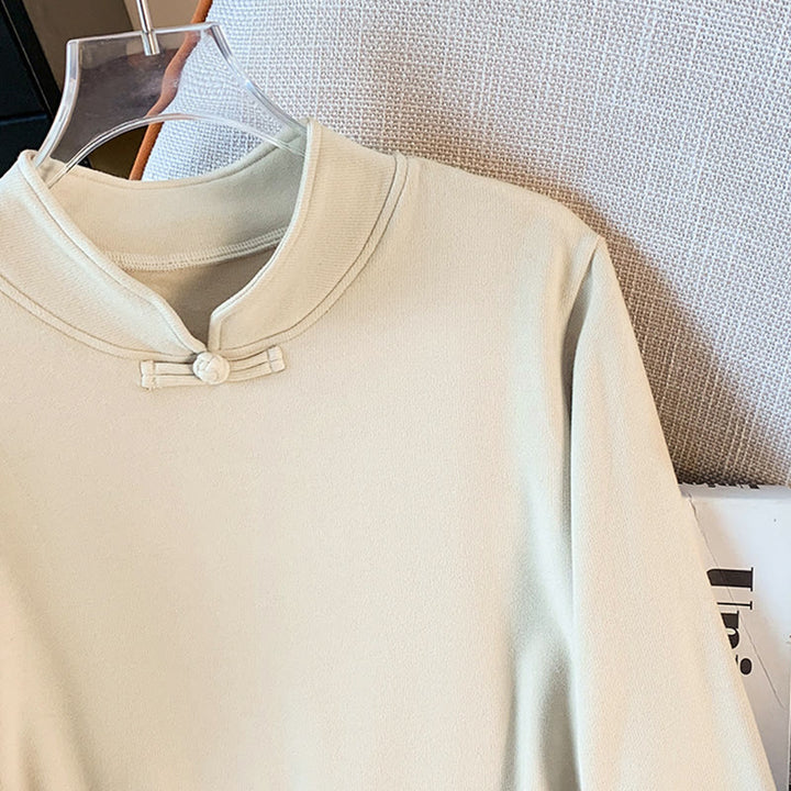 Buddha Stones春の無地スタンドカラーフロッグボタンデザインレディースコットン長袖シャツ - image 6