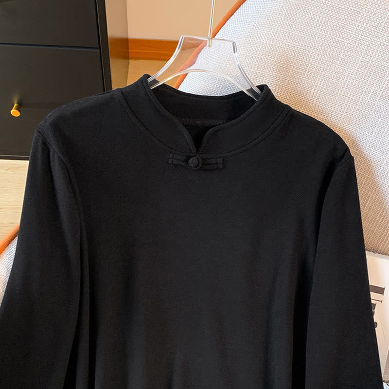 Buddha Stones春の無地スタンドカラーフロッグボタンデザインレディースコットン長袖シャツ - image 27