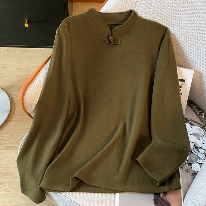 Buddha Stones春の無地スタンドカラーフロッグボタンデザインレディースコットン長袖シャツ - image 14