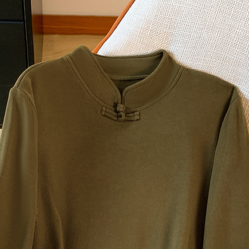 Buddha Stones春の無地スタンドカラーフロッグボタンデザインレディースコットン長袖シャツ - image 16