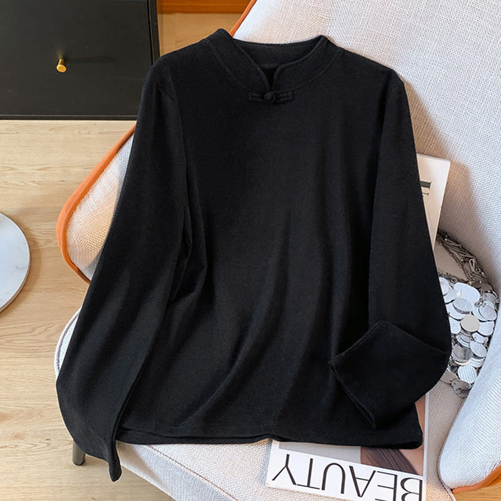 Buddha Stones春の無地スタンドカラーフロッグボタンデザインレディースコットン長袖シャツ - image 25