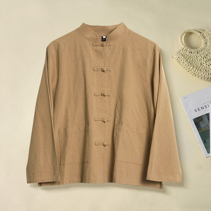 Buddha Stonesエスニック フロッグボタン 長袖 スタンドカラー レディース コットンシャツ ポケット付き - ダークゴールデンロッド - US8-10，UK/AU12-14，EU40-42 (2XL) - image 0