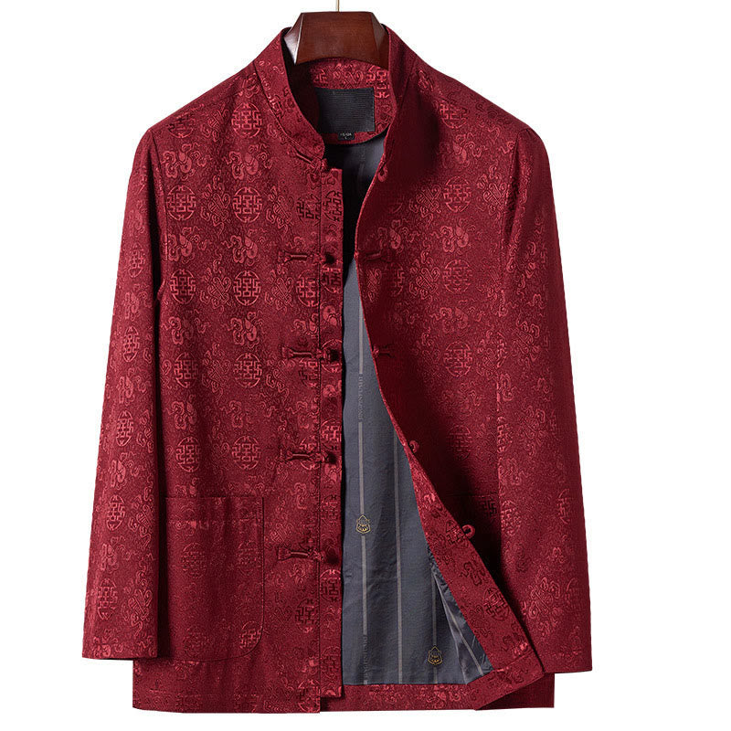 Buddha Stones刺繍模様スタンドカラー長袖メンズ唐装ジャケットポケット付き - ダークレッド - US/UK/AU42、 EU52 (3XL) - image 1