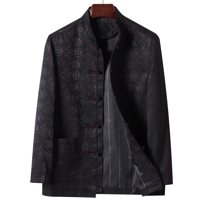Buddha Stones刺繍模様スタンドカラー長袖メンズ唐装ジャケットポケット付き - 黒 - US/UK/AU42、 EU52 (3XL) - image 11