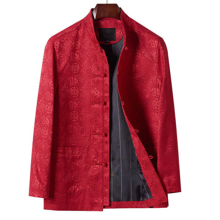 Buddha Stones刺繍模様スタンドカラー長袖メンズ唐装ジャケットポケット付き - 赤 - US/UK/AU42、 EU52 (3XL) - image 0