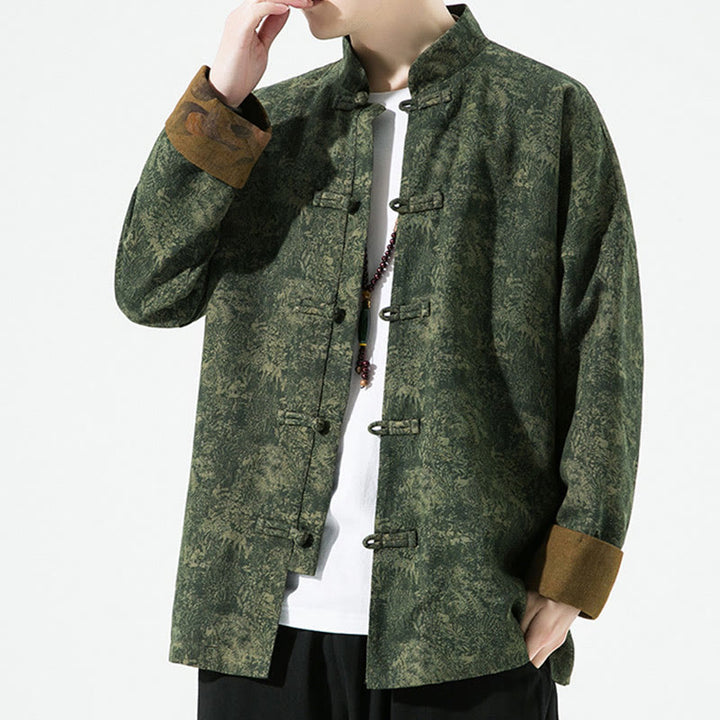 Buddha Stones春プリント花柄メンズ中国風フロッグボタン長袖コットンジャケット - image 1