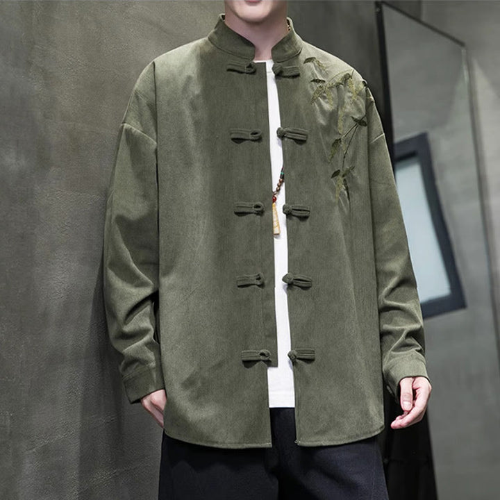 Buddha Stones春中国刺繍竹メンズフロッグボタン長袖コットンコーデュロイジャケット - image 4