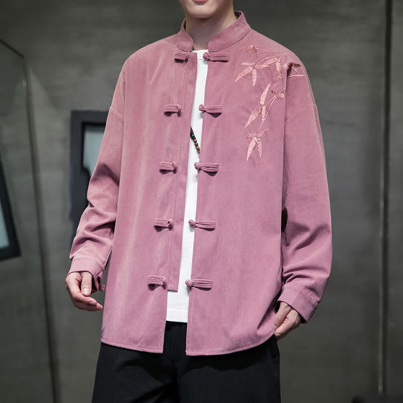 Buddha Stones春中国刺繍竹メンズフロッグボタン長袖コットンコーデュロイジャケット - ホットピンク - US/UK/AU48、 EU58(5XL) - image 18