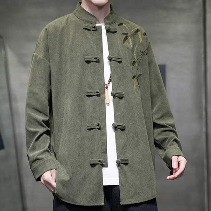 Buddha Stones春の中国刺繍竹メンズフロッグボタン長袖コットンコーデュロイジャケット - image 2