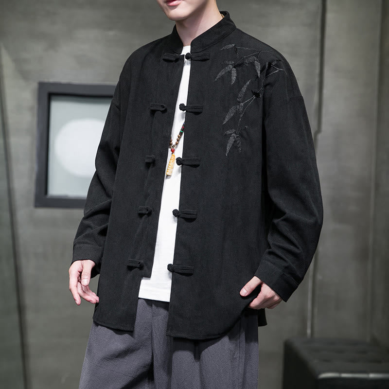 Buddha Stones春の中国刺繍竹メンズフロッグボタン長袖コットンコーデュロイジャケット - 黒 - US/UK/AU48、 EU58(5XL) - image 28