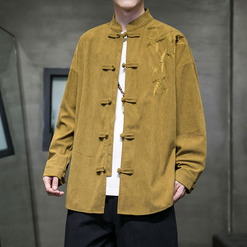 Buddha Stones春の中国刺繍竹メンズフロッグボタン長袖コットンコーデュロイジャケット - ゴールデンロッド - US/UK/AU48、 EU58(5XL) - image 7