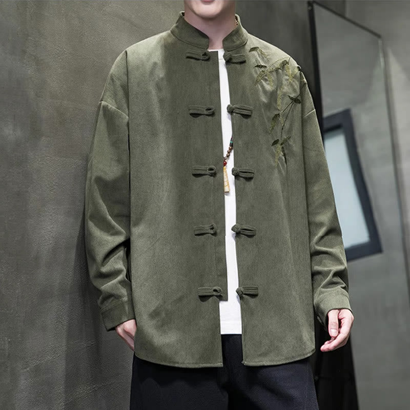 Buddha Stones春の中国刺繍竹メンズフロッグボタン長袖コットンコーデュロイジャケット - image 4