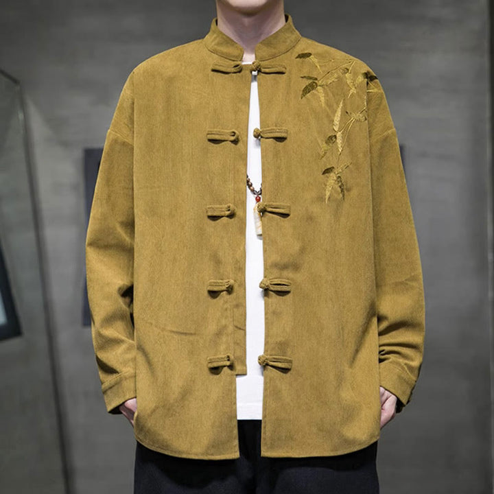 Buddha Stones春の中国刺繍竹メンズフロッグボタン長袖コットンコーデュロイジャケット - image 9