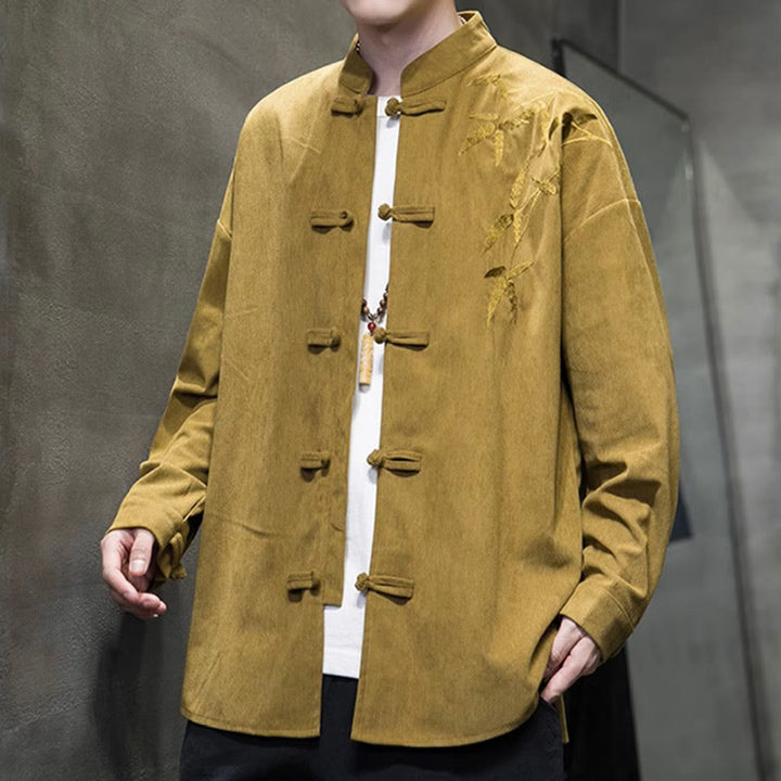 Buddha Stones春中国刺繍竹メンズフロッグボタン長袖コットンコーデュロイジャケット - image 12