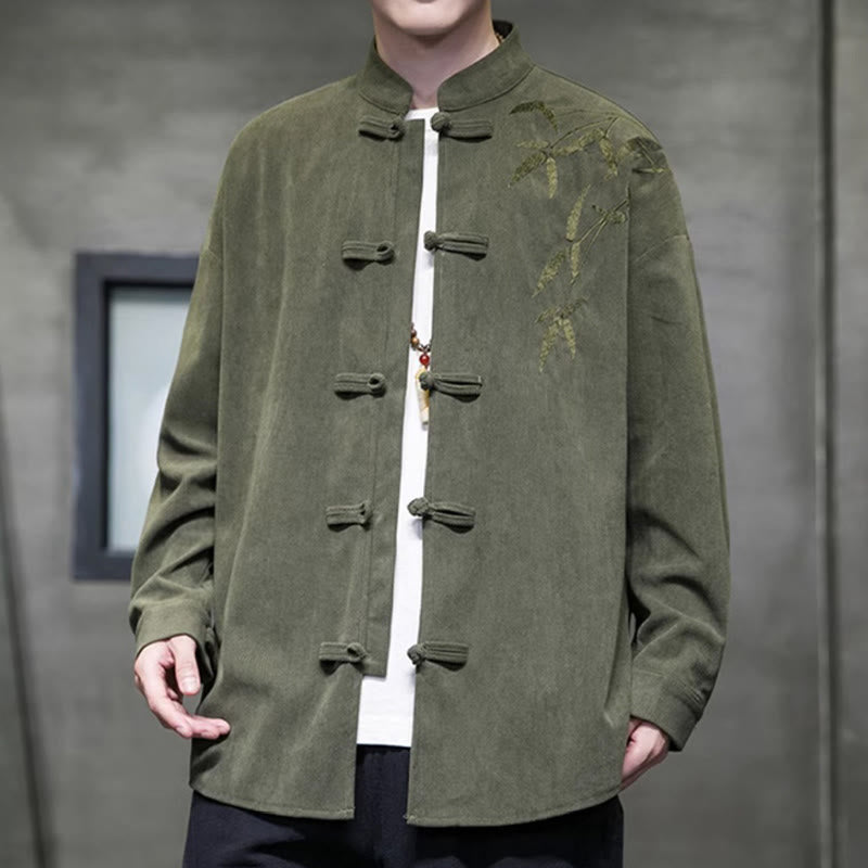 Buddha Stones春中国刺繍竹メンズフロッグボタン長袖コットンコーデュロイジャケット - image 3