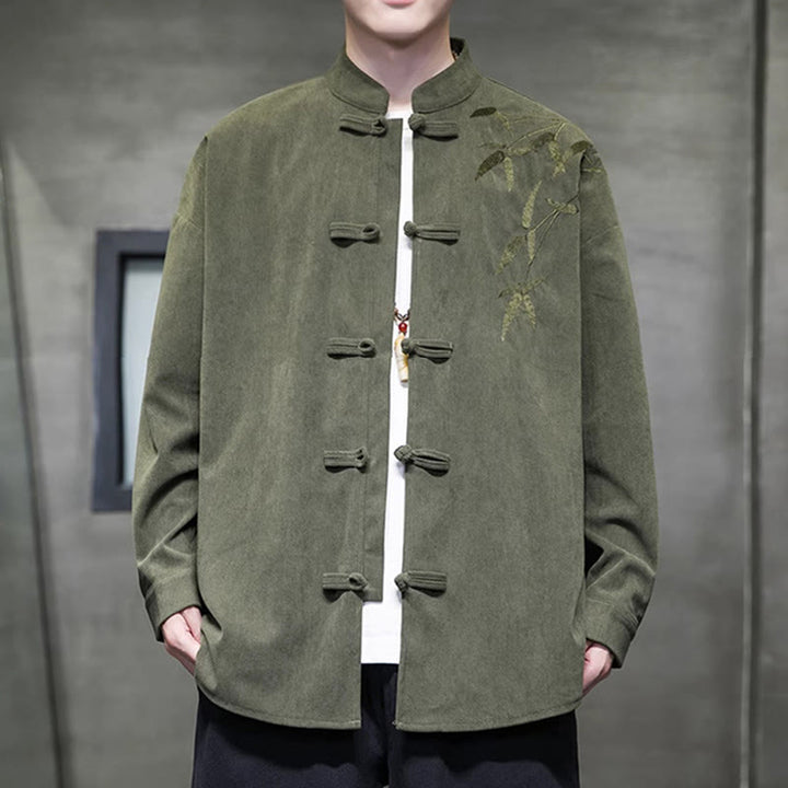 Buddha Stones春中国刺繍竹メンズフロッグボタン長袖コットンコーデュロイジャケット - オリーブドラブ - US/UK/AU48、 EU58(5XL) - image 0