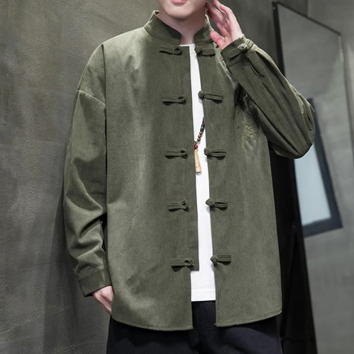 Buddha Stones春中国刺繍竹メンズフロッグボタン長袖コットンコーデュロイジャケット - image 6