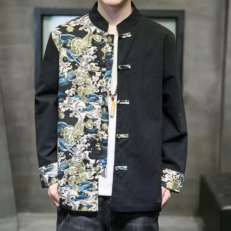 Buddha Stonesプリントカラーコントラストドラゴン柄フロッグボタン長袖メンズコットンジャケット - image 11