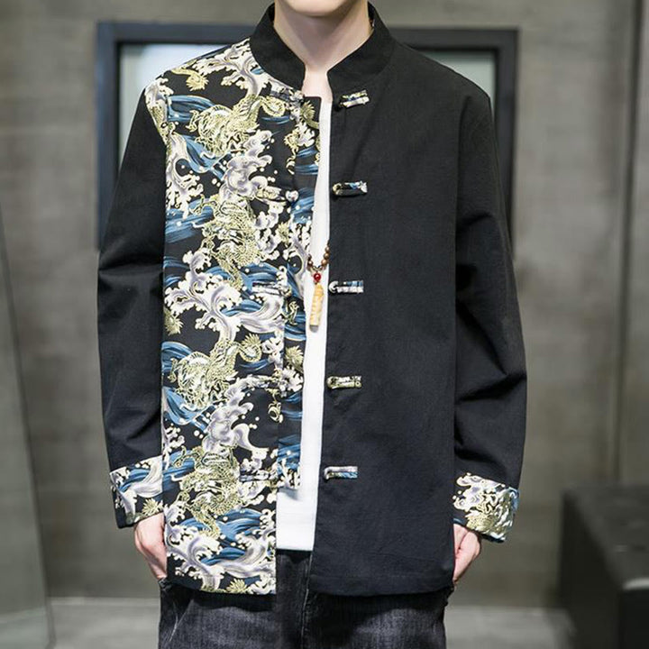 Buddha Stonesプリントカラーコントラストドラゴン柄フロッグボタン長袖メンズコットンジャケット - image 11