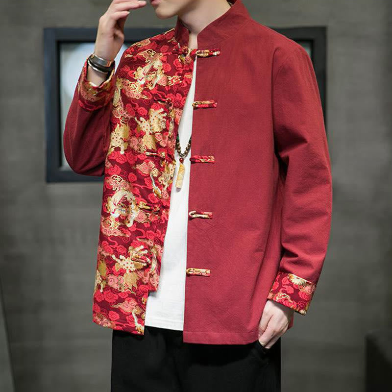 Buddha Stonesプリントカラーコントラストドラゴン柄フロッグボタン長袖メンズコットンジャケット - image 4