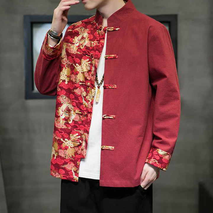 Buddha Stonesプリントカラーコントラストドラゴン柄フロッグボタン長袖メンズコットンジャケット - image 4