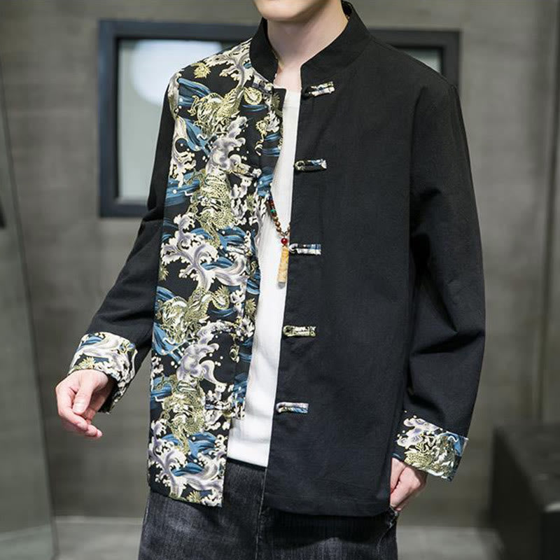 Buddha Stonesプリントカラーコントラストドラゴン柄フロッグボタン長袖メンズコットンジャケット - image 12