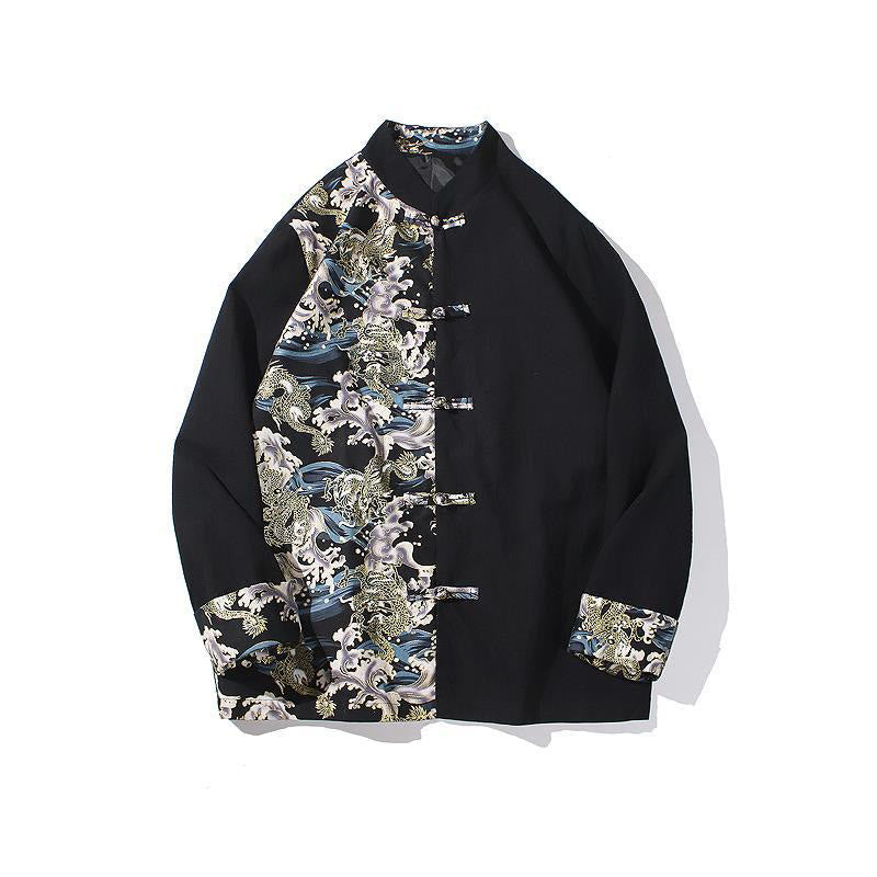 Buddha Stonesプリントカラーコントラストドラゴン柄フロッグボタン長袖メンズコットンジャケット - image 20