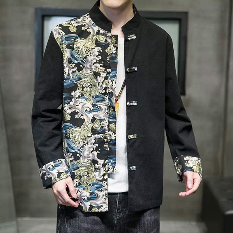 Buddha Stonesプリントカラーコントラストドラゴン柄フロッグボタン長袖メンズコットンジャケット - image 13