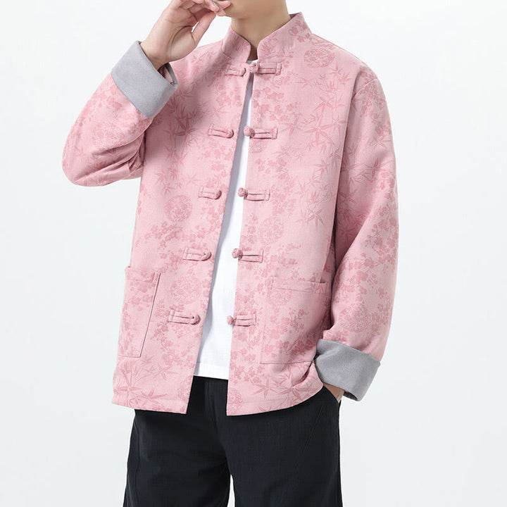 Buddha Stones秋 ジャカード 竹 カエルボタン 長袖 メンズ コットンジャケット ポケット付き - ピンク - US/UK/AU46、 EU56 (5XL) - image 9