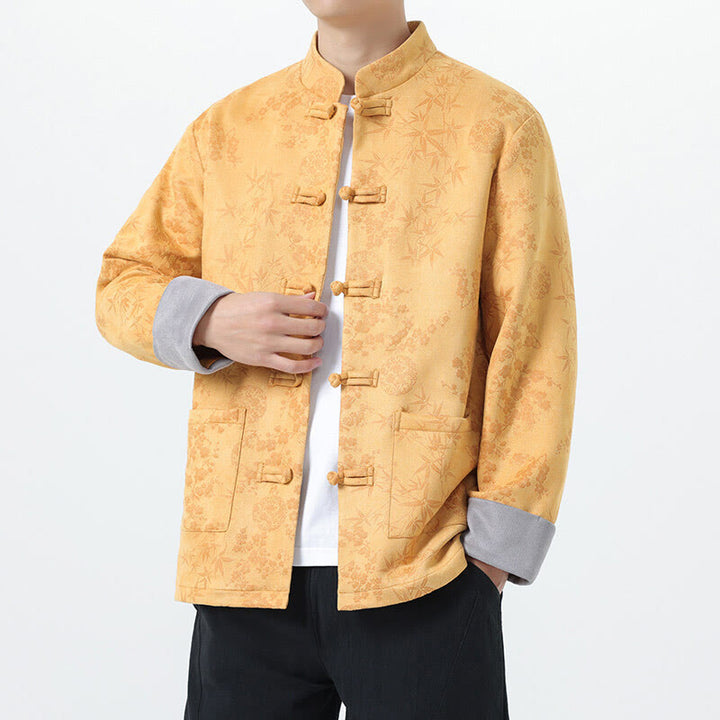 Buddha Stones秋 ジャカード 竹 カエルボタン 長袖 メンズ コットンジャケット ポケット付き - 金 - US/UK/AU46、 EU56 (5XL) - image 1