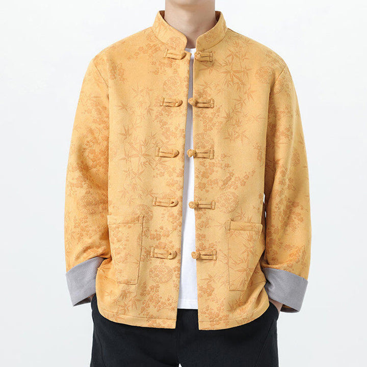 Buddha Stones秋 ジャカード 竹 カエルボタン 長袖 メンズ コットンジャケット ポケット付き - image 0