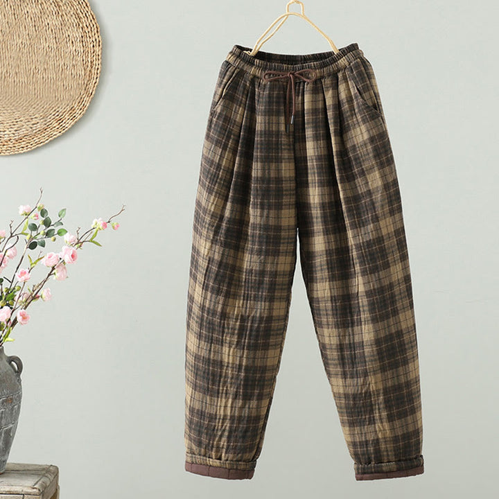 Buddha Stonesマルチカラー チェック柄 コットンパッド レディース ハーレム サーマルパンツ ポケット付き - ペールゴールデンロッド - US8-10，UK/AU12-14，EU40-42 (2XL) - image 0
