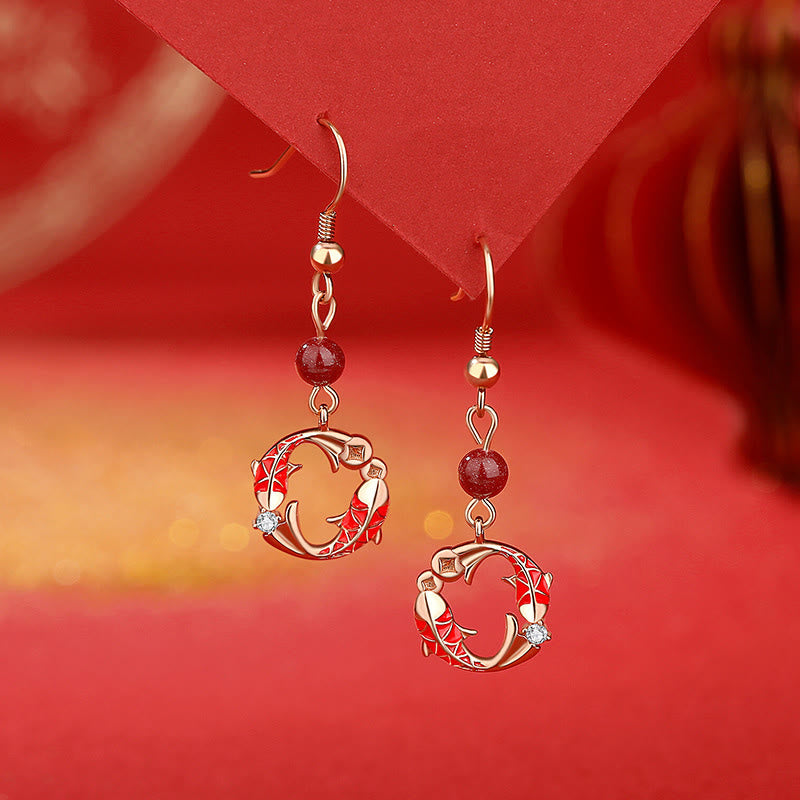 Buddha Stones 925スターリングシルバーメッキ 18Kゴールド鯉辰砂赤紐コネクションブレスレット - 鯉のイヤリング - image 14