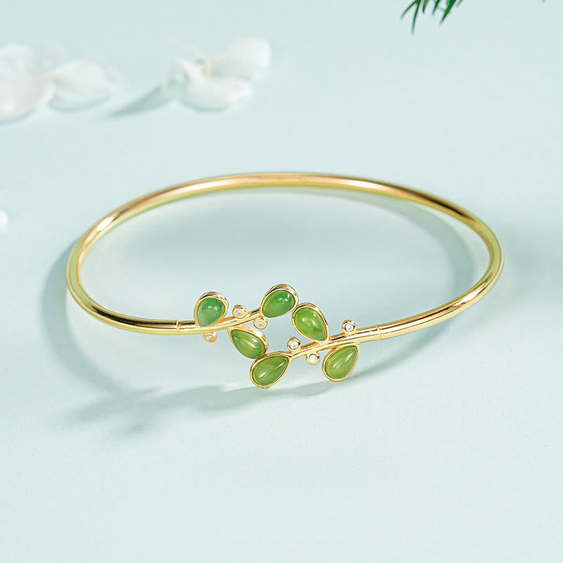 Buddha Stones925スターリングシルバー 葉っぱの彫刻入り グリーンジャスパー守護ブレスレットバングル - image 0