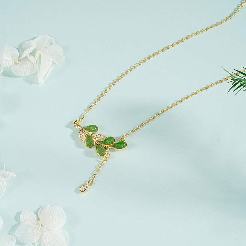 Buddha Stones925スターリングシルバー 葉っぱの彫刻入り グリーンジャスパー守護ブレスレットバングル - 925スターリングシルバーネックレス - image 8