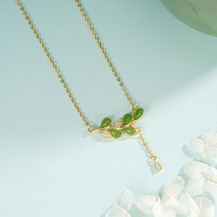 Buddha Stones925スターリングシルバー リーフタッセルデザイン グリーンジャスパー プロテクションネックレス ペンダント - image 2