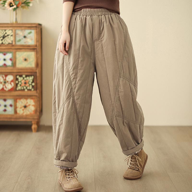 Buddha Stones冬用無地ハイウエストレディースハーレムサーマル伸縮性ウエストパンツ（ポケット付き） - image 2