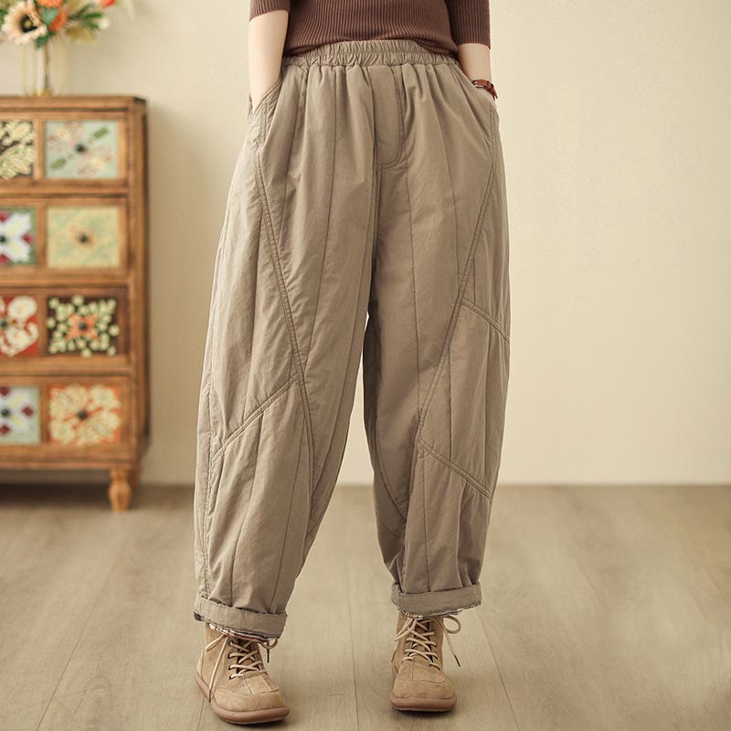 Buddha Stones冬用無地ハイウエストレディースハーレムサーマル伸縮性ウエストパンツ（ポケット付き） - image 0