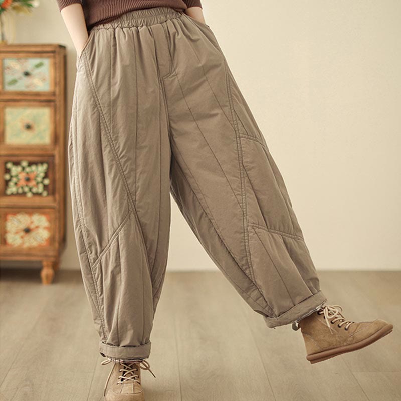 Buddha Stones冬用無地ハイウエストレディースハーレムサーマル伸縮性ウエストパンツ（ポケット付き） - image 4