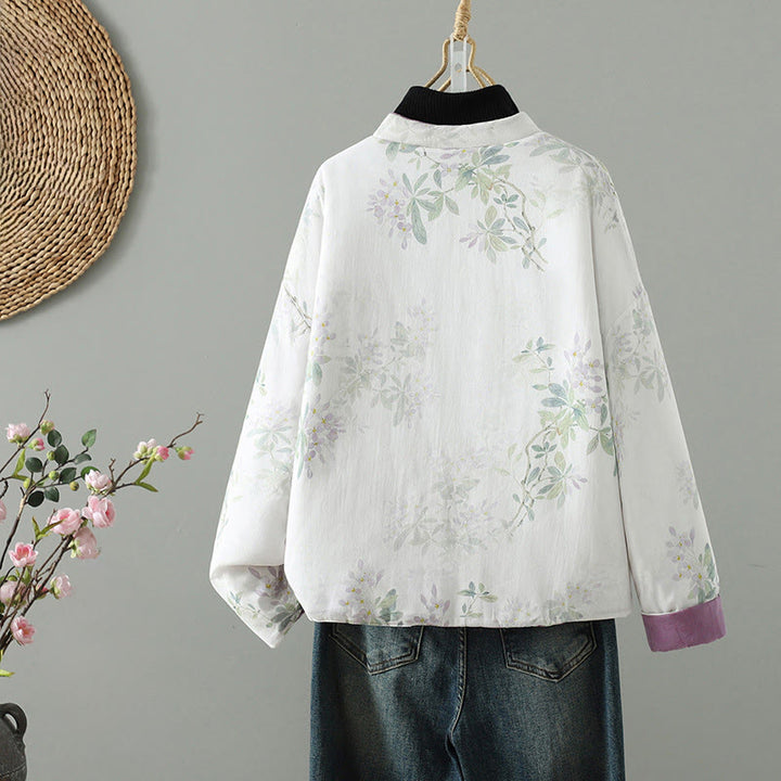 Buddha Stonesレディース パープルフラワーリーフ フロッグボタンデザイン 長袖 サーマルジャケット - image 1