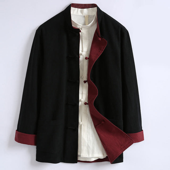 Buddha Stones春の中国風リバーシブルメンズフロッグボタンコットン長袖ジャケット - 黒 - US/UK/AU44、EU54 (5XL) - image 3