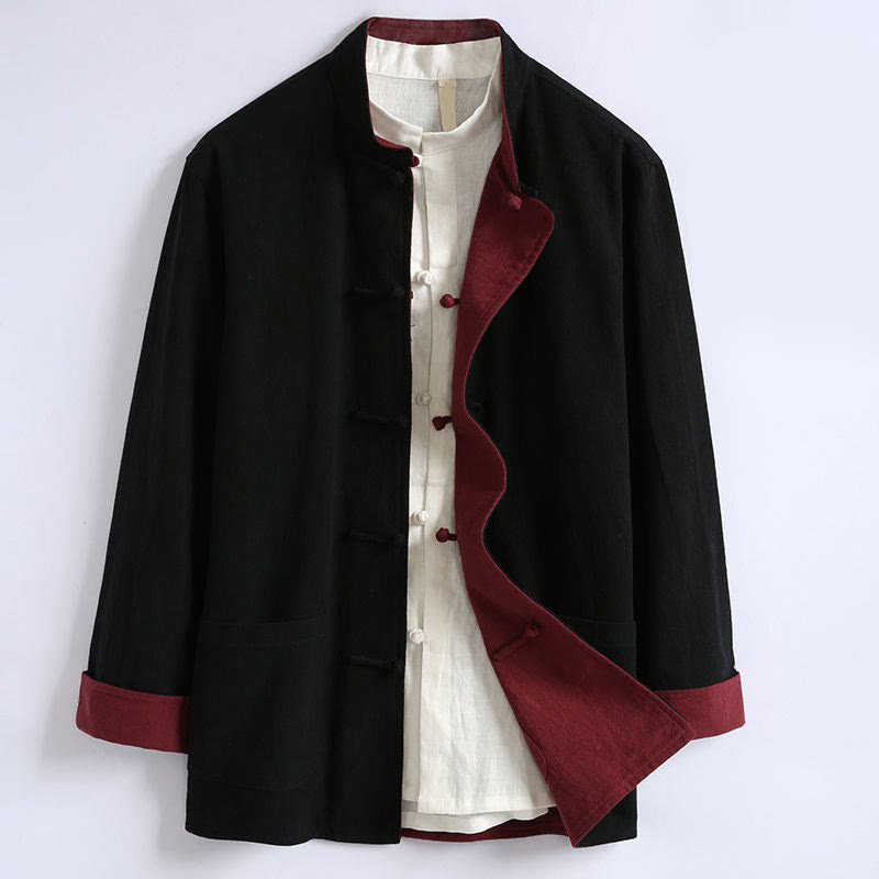 Buddha Stones春の中国風リバーシブルメンズフロッグボタンコットン長袖ジャケット - 黒 - US/UK/AU44、EU54 (5XL) - image 3