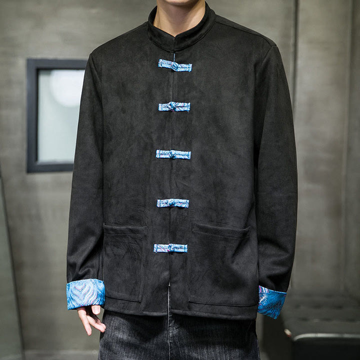 Buddha Stones秋の波模様 カエルボタン 長袖 メンズ スエード コットン ジャケット ポケット付き - 黒 - US/UK/AU42、 EU52 (3XL) - image 14