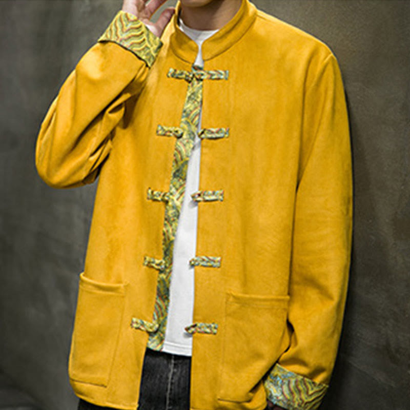 Buddha Stones秋の波模様 カエルボタン 長袖 メンズ スエード コットン ジャケット ポケット付き - image 2