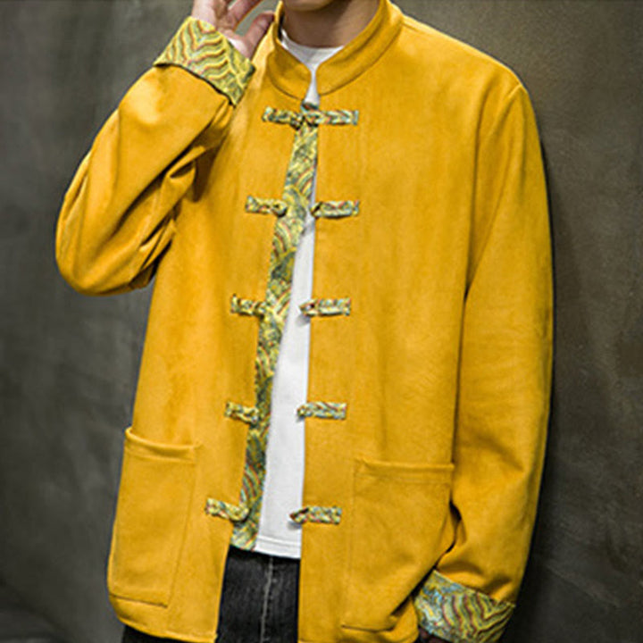 Buddha Stones秋の波模様 カエルボタン 長袖 メンズ スエード コットン ジャケット ポケット付き - image 2