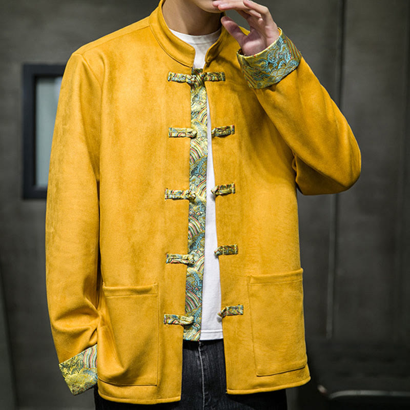 Buddha Stones秋の波模様 カエルボタン 長袖 メンズ スエード コットン ジャケット ポケット付き - image 6