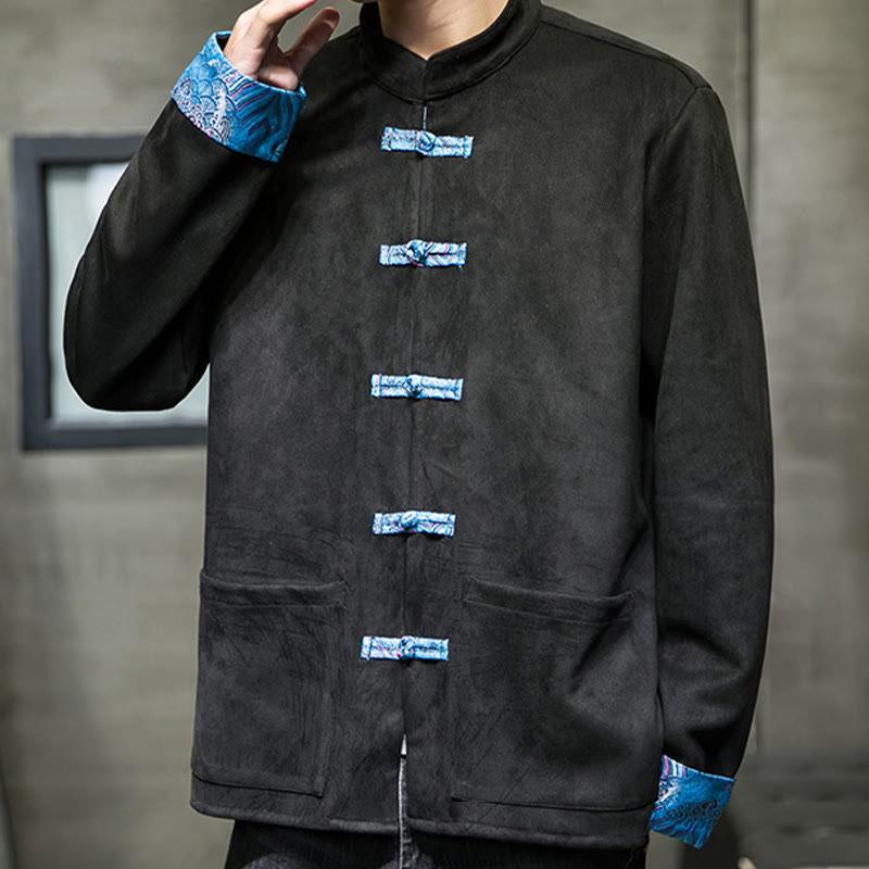 Buddha Stones秋の波模様 カエルボタン 長袖 メンズ スエード コットン ジャケット ポケット付き - image 17