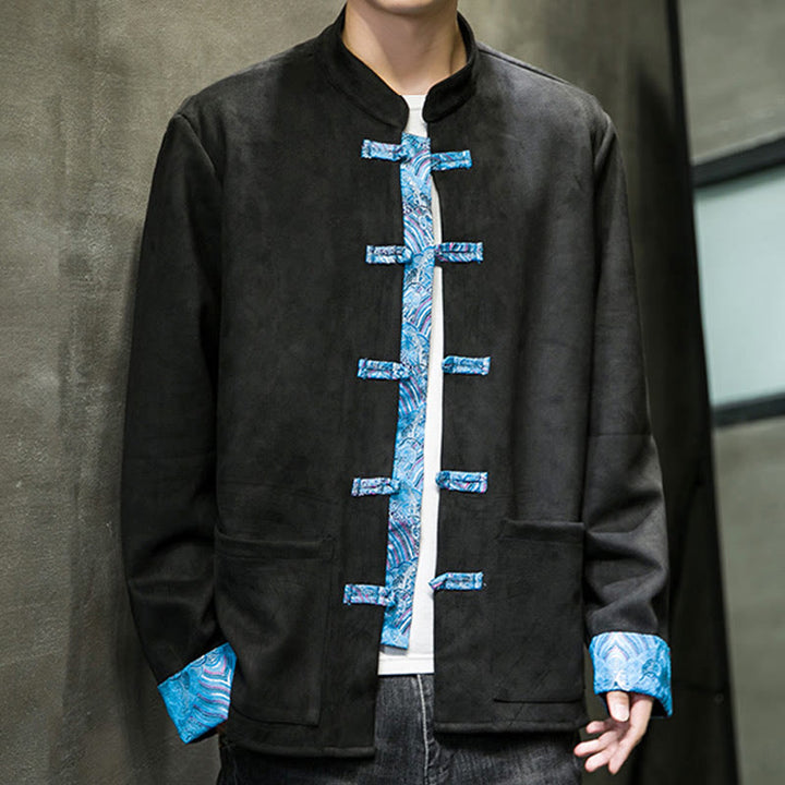 Buddha Stones秋の波模様 カエルボタン 長袖 メンズ スエード コットン ジャケット ポケット付き - image 22